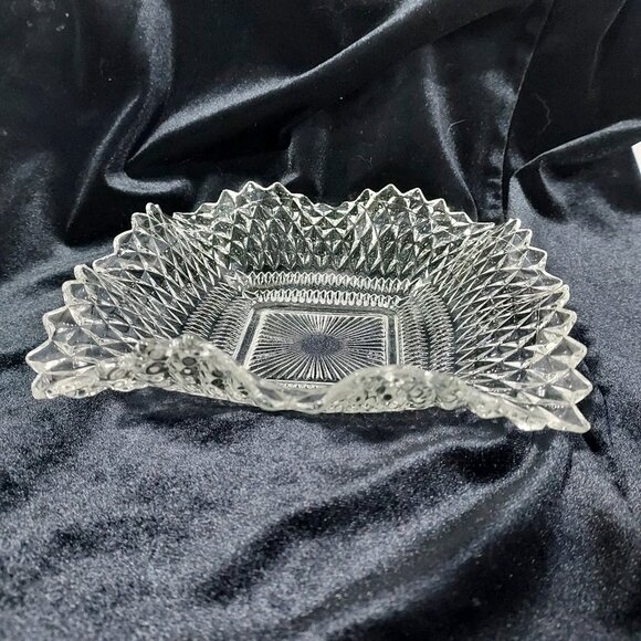 Clear Depression Glass Diamond Cut Candy Dish Candle Holder Sawtooth Edges Set 3 - Picture 4 of 12